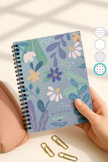 Eldesen Tasarım A5 Spiral Dotted School Notebook, 50 Sheets 100 Pages, Cardboard Cover Notebook, Blue Daisy
