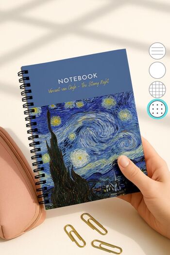 Eldesen Tasarım Van Gogh A5 Spiral Dotted School Notebook, 50 Sheets 100 Pages, Cardboard Cover Notepad, Night