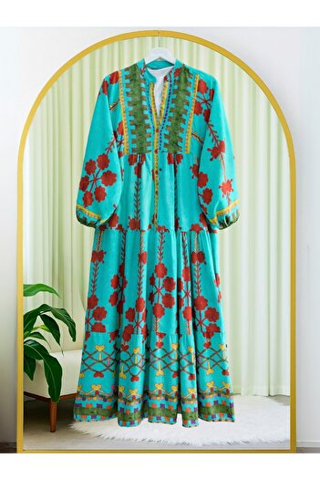 Modamorfo Elastischer Revers-Halbknopf-Viskose-Kleid -Türkis
