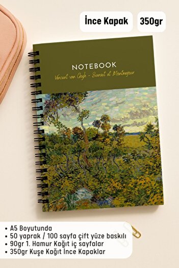 Eldesen Tasarım Van Gogh A5 Spiral Dotted School Notebook, 50 Sheets 100 Pages, Cardboard Cover Notebook, Sunset