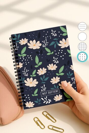 Eldesen Tasarım A5 Spiral Dotted School Notebook, 50 Sheets 100 Pages, Cardboard Cover Notepad, White Floral