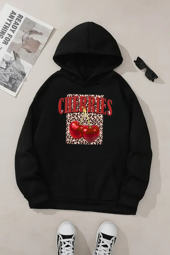 Sweetline Unisex Black Hooded Sweatshirt – Leopard Cherry Printed, Thick Fabric with Embroidery