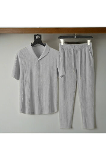 Fifty Color Alaçatı Style Men's Wrinkled Crinkle Fabric Summer Lycra Polo Collar Tshirt and Sweatpants Suit Combination