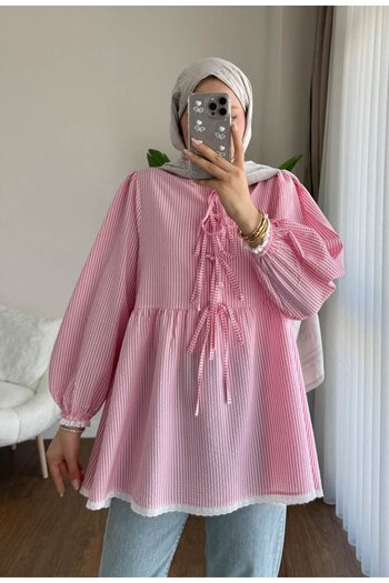 Chef d'atelier Women's Guipure and Lace Detailed Striped Seersucker Tunic