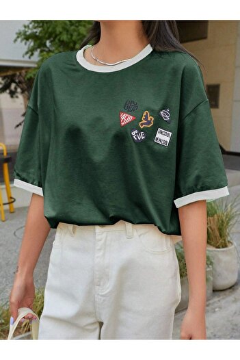 CLAYES Uncool Nefti Green Body White Piping T-Shirt - Oversize Crew Neck Short Sleeve T-Shirt