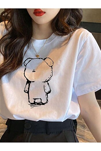 CLAYES Lonely Bear Single Jersey T-Shirt - White Printed Oversize Crew Neck T-Shirt