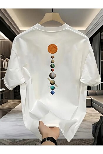 CLAYES Oversize White Space Themed T-Shirt – Astronaut & Solar System Pattern