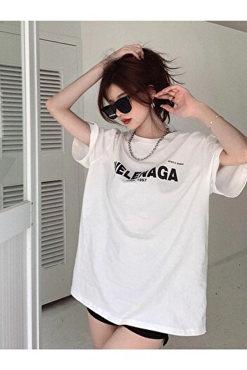 CLAYES Λευκό εμπριμέ Oversize T-Shirt Welenaga - Crew Neck, κοντό μανίκι