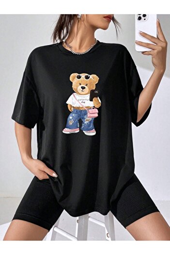 CLAYES Colorful Bear Single Jersey T-Shirt - Black Printed Oversize Crew Neck Short Sleeve T-Shirt