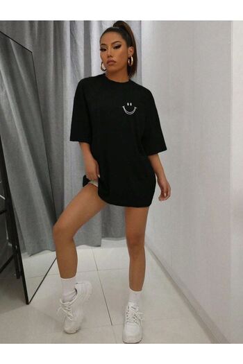 CLAYES Smile Minimal Gözlüklü Figür T-shirt - Siyah Baskılı Oversize Bisiklet Yaka Kısa Kol Tişört