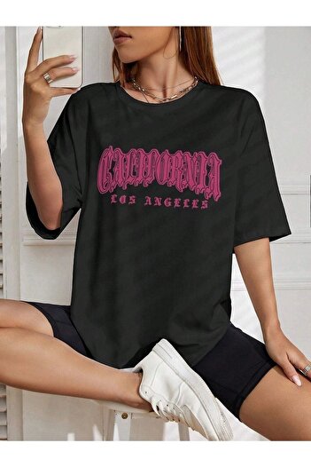 CLAYES California Letter T-Shirt - Black Printed Oversize Crew Neck Short Sleeve Tee Shirt