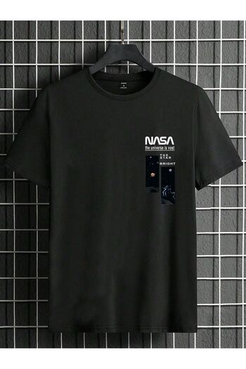 CLAYES Black Oversize Nasa Printed T-shirt - Oversize Printed Crew Neck Short Sleeve Comfortable Fit T-Shirt