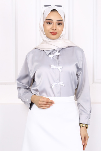 İmajButik Gray Bow Satin Shirt