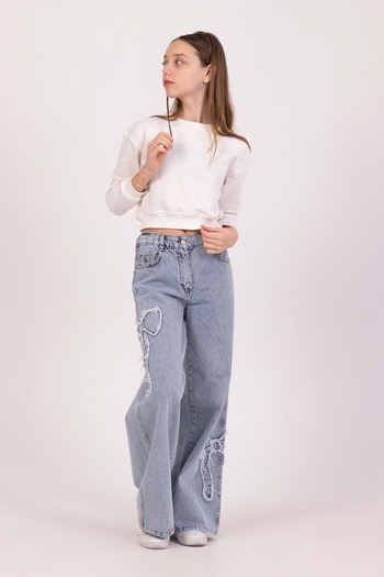 DMB BOYS & GIRLS Pantaloni din denim pentru fete, brodate cu fundă, cu panglică, cu textura moale, cu picioare largi