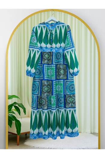 Modamorfo Blue Ethnic Patterned Lace up Dress - Elastic Sleeves