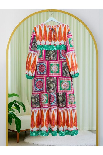 Modamorfo Ethnic Pattern Lace up Dress with Elastic Sleeves -Fuchsia