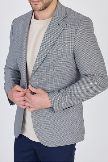 Frappoli Martinelli Men's Dark Navy Blue Small Patterned Polyester Fabric Sports Blazer Jacket