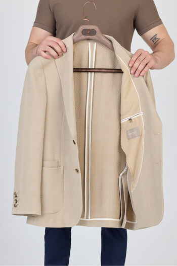 Frappoli Vitanes Men's Beige Unlined Soft Plaid Stretching Fabric Lycra Sports Blazer Jacket
