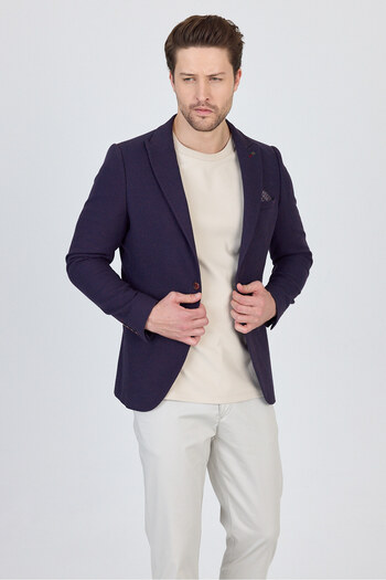 Frappoli Sezer Men's Burgundy-Navy Blue Small Patterned Polyester Fabric Sports Blazer Jacket