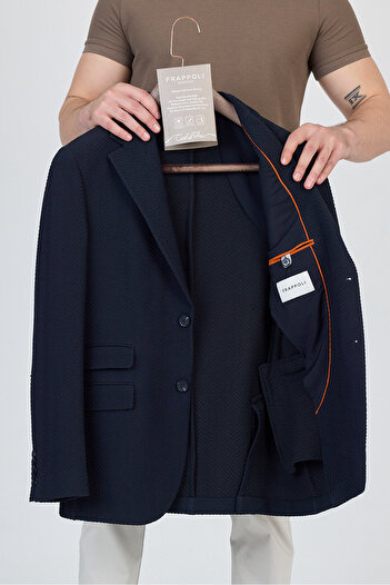 Frappoli Lores Men's Navy Blue Unlined Soft Herringbone Patterned Stretch Fabric Lycra Sports Blazer Jacket