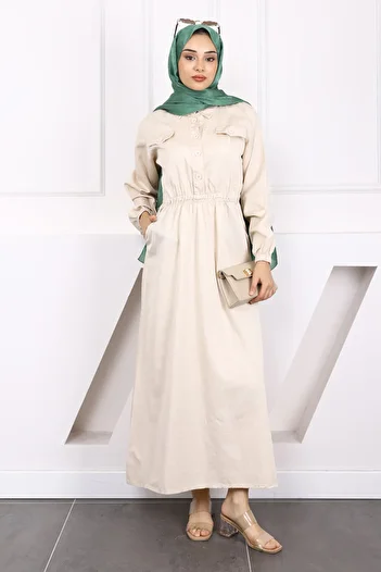 İmajButik Φόρεμα Gabardine με μπεζ ελαστική μέση και τσέπη