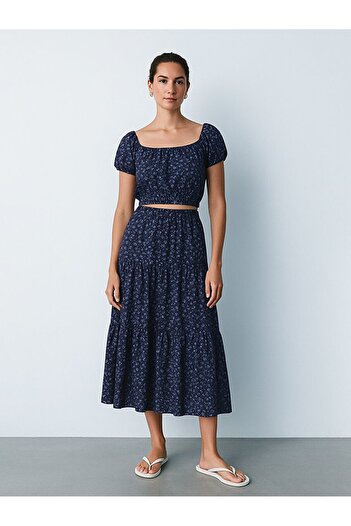 Ltb Floral Crop Short Sleeve Navy Blue Blouse