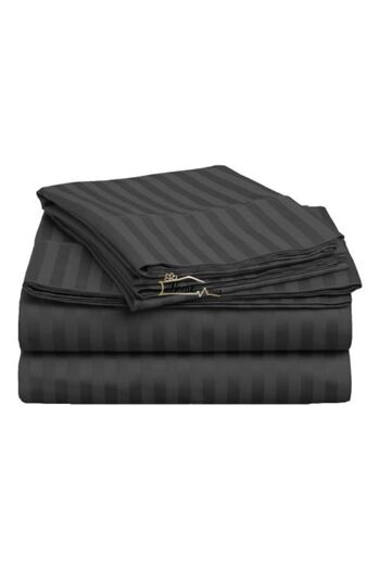 HomePuls King Size Bed Sheet 2 Persons Damask Cotton 100% Hotel Type with 1 cm Stripe, 240 x 260 cm, Black