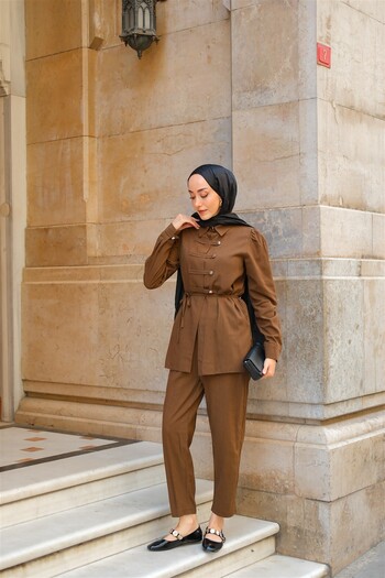 LOCCO Women's Button Detail Suit Brown
