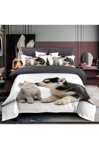Ralex Single-Person Bed Linen Cotton Finet 3D 3 Pieces 160 x 230 cm, Puppies and Kitten, White, Pucioasa F