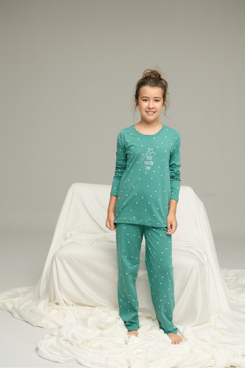 Siyah İnci yeşil puan desenli Pamuklu Bisiklet Yaka Örme Pijama Takım25241154