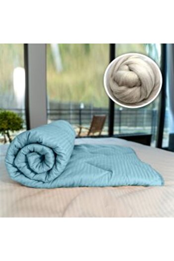 Ralex Quilted Wool Winter Blanket with 100% Cotton Damask Front, Linear 140 x 210 cm, Turquoise