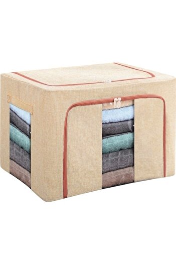 Camy Foldable Storage Box, 100 L, Cotton and Linen, 60x42x40 cm, Front Window, Two-Way Zipper, Metal Fram