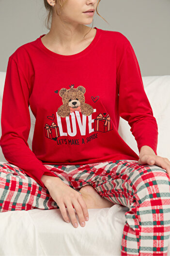 Siyah İnci Red Plaid Cotton Crew Neck Knitted Pajamas Suit25241129