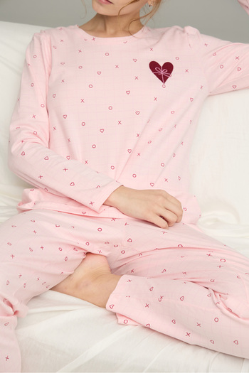 Siyah İnci Pink Heart Pattern Cotton Crew Neck Knitted Pajamas Suit25241127