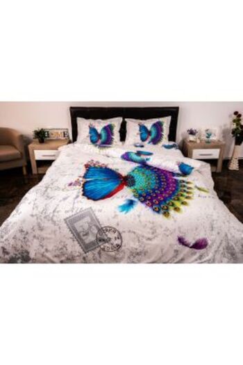 Ralex Double Bed Linen 4 Pieces 220 x 230 cm Digital Print 3D, White/Blue Butterfly Peacock Pucioasa