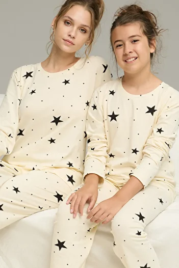 Siyah İnci Ecru Star Pattern Cotton Crew Neck Knitted Pajamas Suit25241151