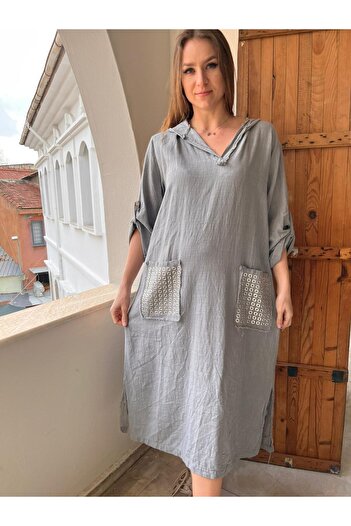 AGORATEKSTİL Women's Hooded Studded 2 Pockets Linen Long Dress