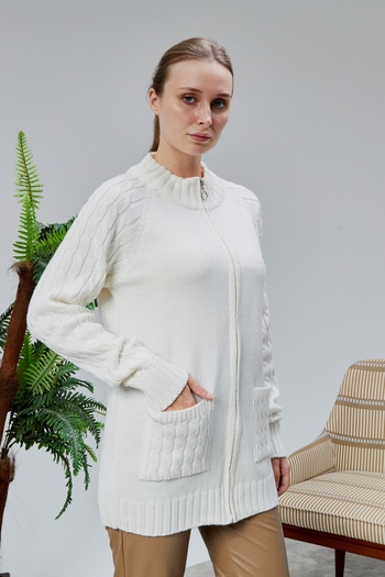 LUGMO Women's Knitwear Cardigan with Zipper Pocket Standard Size Ecru