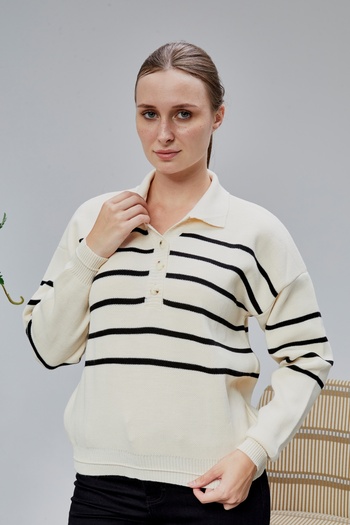 LUGMO Women's Polo Neck Oversize Striped 4 Button Knitwear Sweater Skin Color