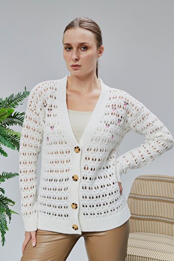 LUGMO Women's Knitwear Cardigan Floral Embroidered Perforated Standard Size Ecru