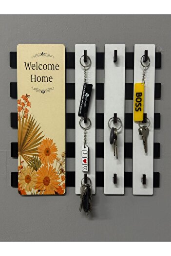 karbonsoft Ξύλινο μοτίβο λουλουδιών με γράμματα «Welcome Home» Κρεμάστρα για μπρελόκ για είσοδο στην πόρτα Θήκη για μπρελόκ 9 γάντζοι