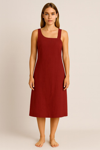 VENA Asymmetrical Collar 100% Linen Dress - Bordo