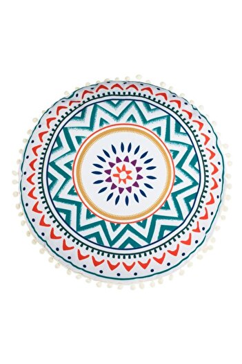 OEM Perna Decorativa Rotunda Alba cu Forme Geometrice Colorate si Pompon Ecru