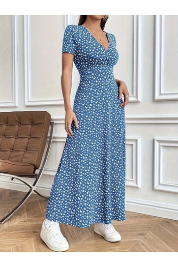 Modayakamoz Rochie de damă cu mâneci scurte, cu guler dublu, cu imprimeu floral, sezon nou