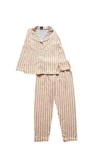 Şekerkids Girl's 100% Cotton Yellow and White Striped Shirt Collar Buttoned Seasonal Pajama Set