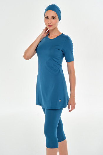 MARESİVA Plus Size Short Sleeve Lycra Semi-Closed Swimsuit with Tights 0572 Petrol01