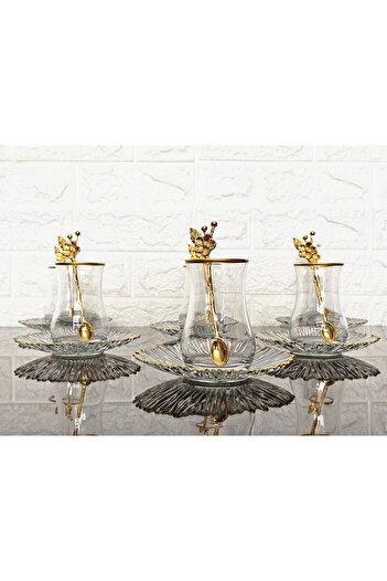 atabey home 18 Piece Tea Set - 6 Cups, 6 Plates, 6 Japanese Spoons & Eva Tea Cup & Gold Detail