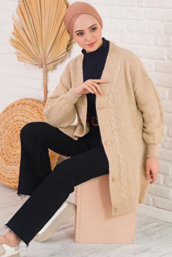 Merterium Women's Hijab Long Knitwear Cardigan Biscuit 1048