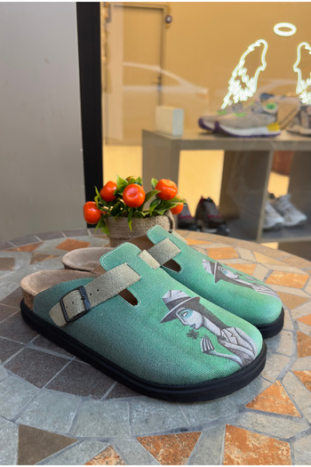 Lemoors Justine Natural Cork Sole Inner Genuine Leather Green Color Printed over Canvas Sabo Slippers