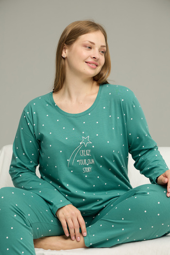 Siyah İnci Green Pattern Curve Large Size Battal Size Cotton Pajamas Suit25240844